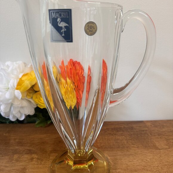 Macryl Other - Macryl‎ Bohemia Crystal Pitcher 24% Lead Czech Glass Vintage Yellow Base Jug